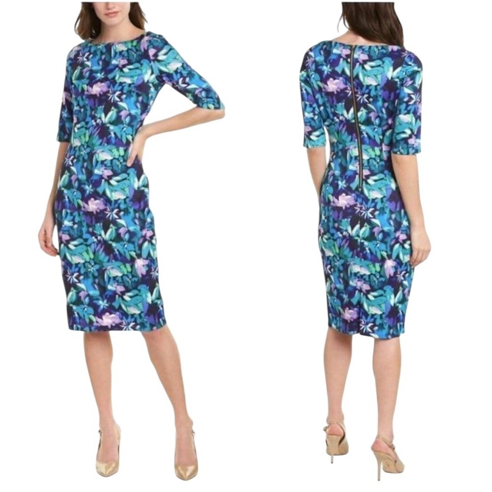 Alexia Admor elbow sleeve blue & purple floral sheath dress with exposed zipper